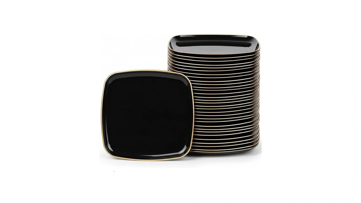 Black Gold Rim Square Organic Plastic Tray - 14" (pack