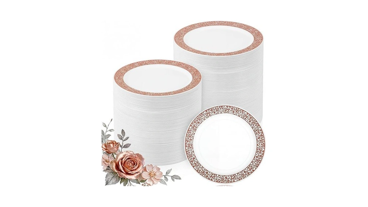 Skylety 100 Pcs Rose Gold Plastic Dessert Plates 6 Inch,
