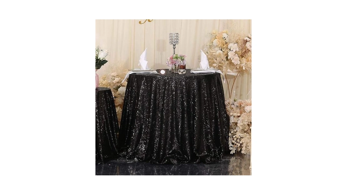 Squarepie Sequin Tablecloth Round 72 Inch Black Table Linen For