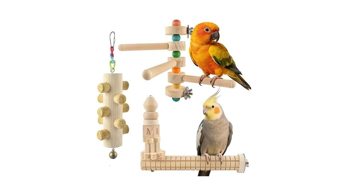 Dbness 3pcs Natural Wood Bird Perch Toys, Rotating Perch Stand,