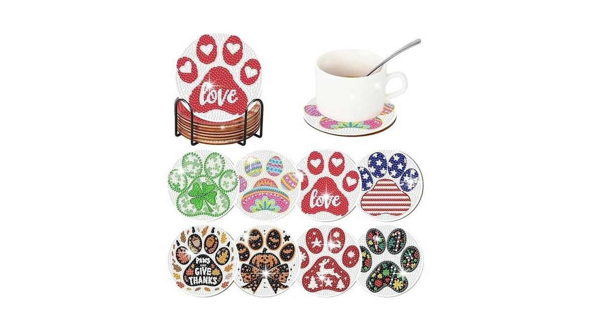 Gemozaic 8 Pcs Diamond Art Coasters Kit, Cute Paw-shaped Diamond