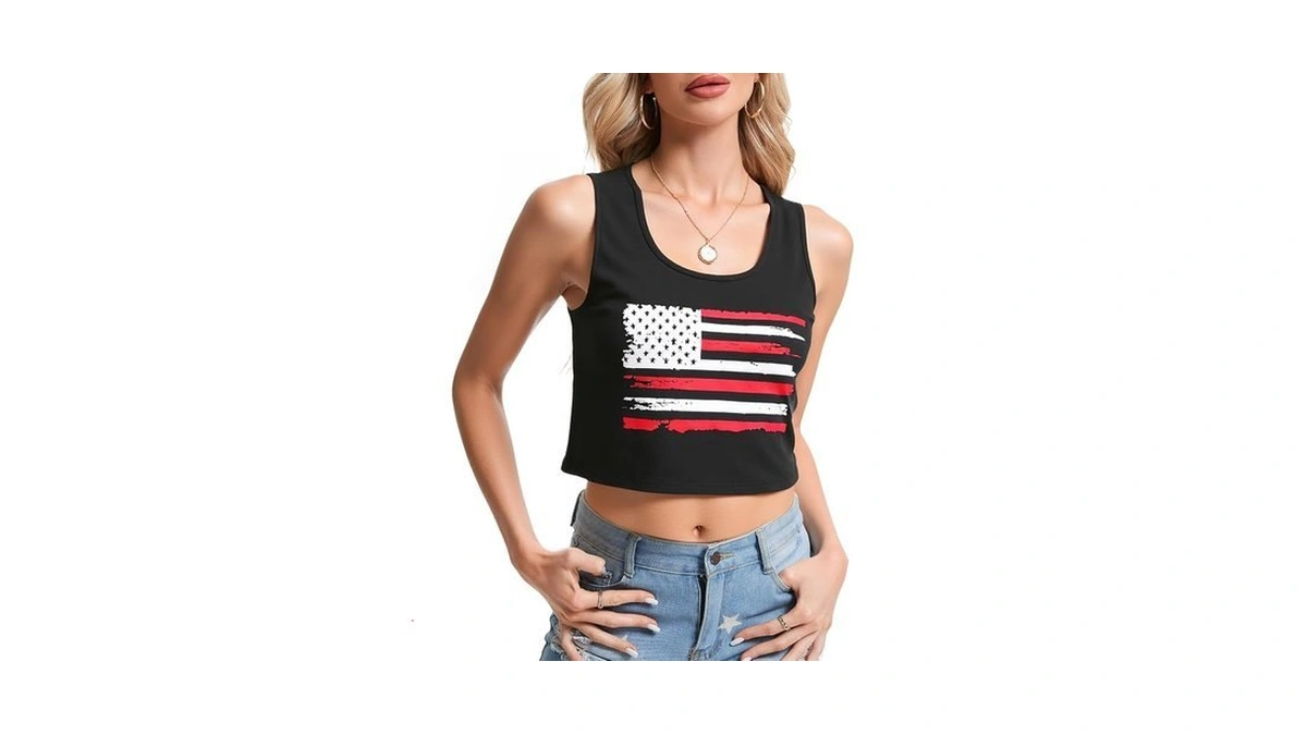 Amazon code: Leacoolkey Women's American Flag Crop Ta