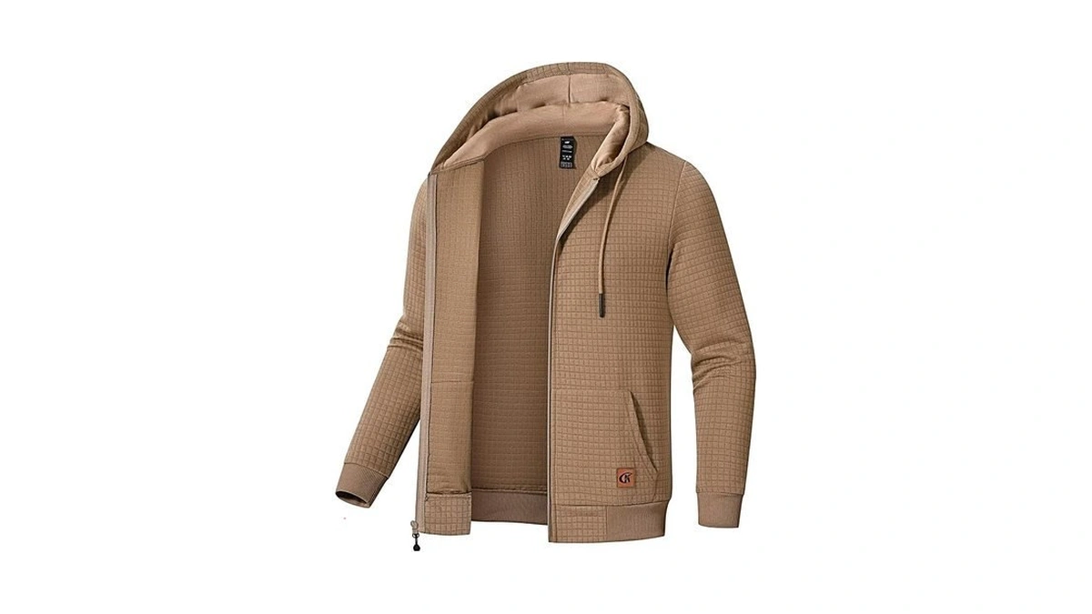 Satankud Men's Jacquard Plaidcloth Lightweight Zipper Hoodie Sweatshirt Jacket Khaki