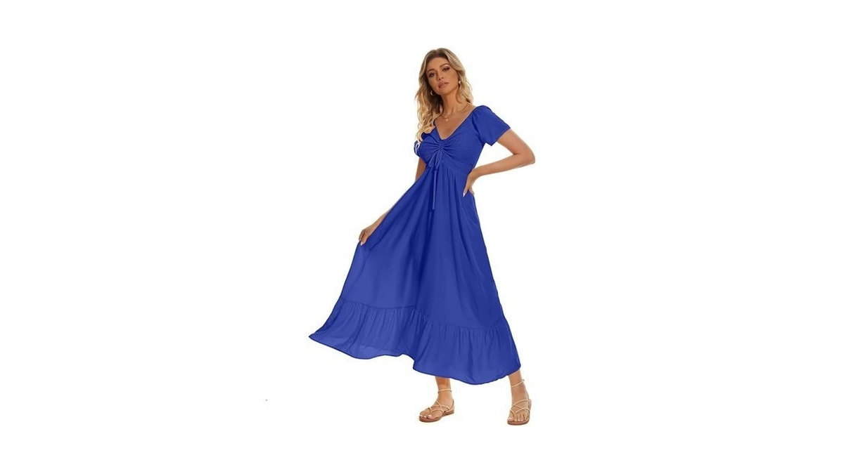 Sanmuzi Casual Short Sleeve Smocked Boho Maxi Dress For Women