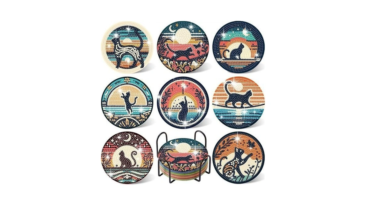 Gemozaic 8pcs Diamond Art Coasters Kit, Cat Diamond Painting Coasters