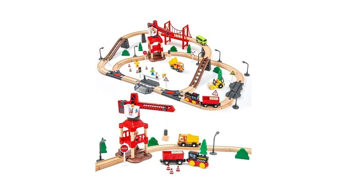 86pcs Wooden Train Set For Toddlers 3-5, Wooden Train Track