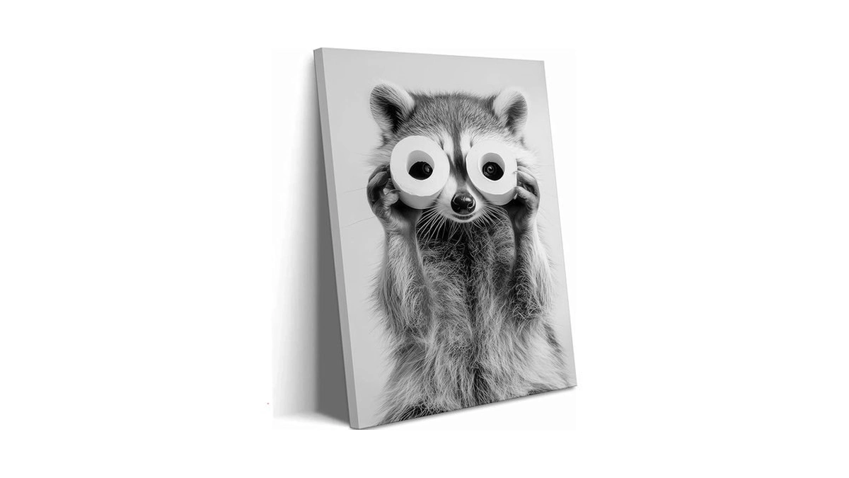 Adorable Raccoon Bathroom Canvas Wall Art Toilet Paper Raccoon Wall