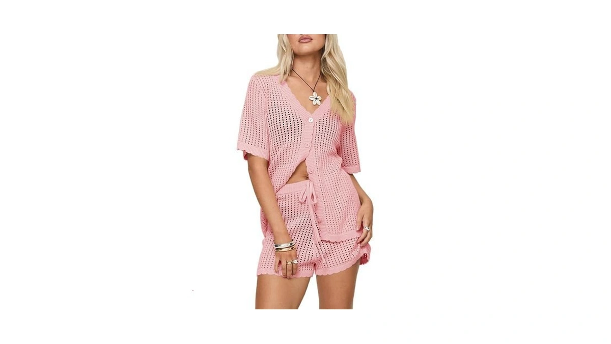 Saodimallsu Womens Crochet Swimsuit Coverup Sets Short Sleeve V Neck