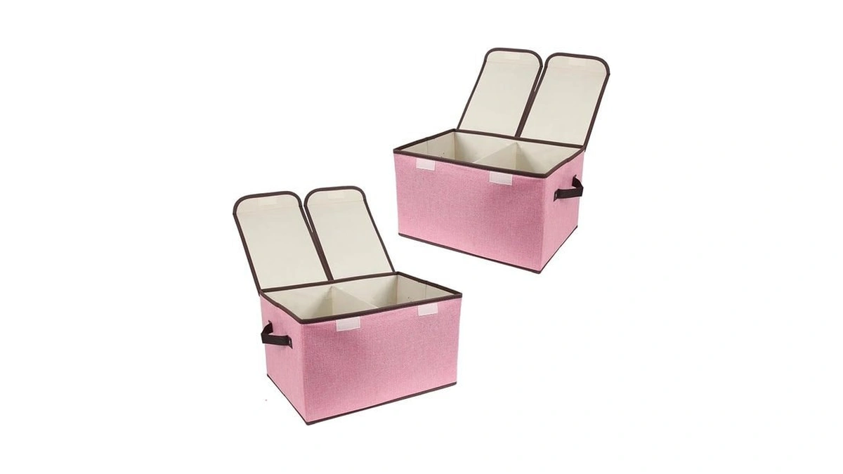 Tcbelosion Foldable Fabric Storage Box With Double-lid & Dividers, Large
