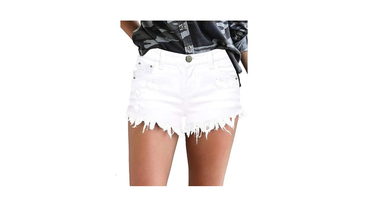 Modarani Womens Denim Shorts White Frayed Raw Hem Jean Shorts
