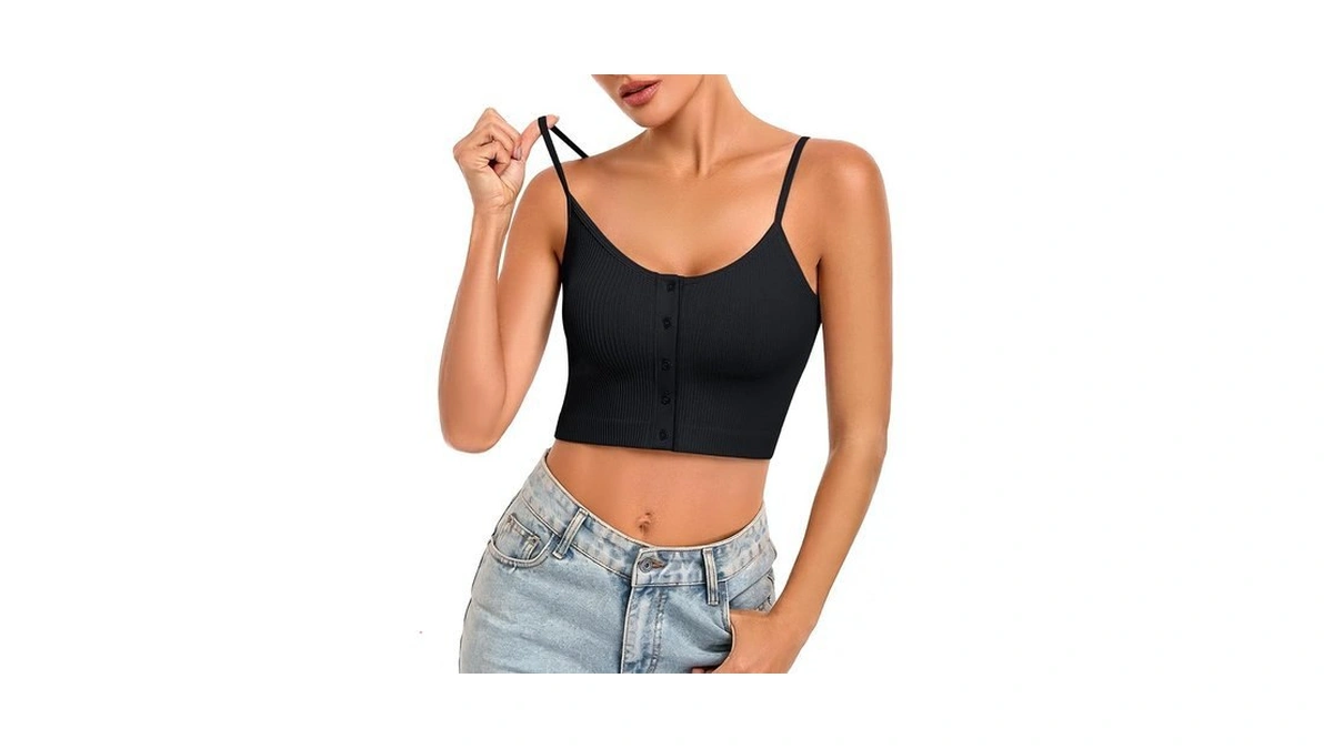 Women Tank Tops Cropped Adjustable Thin Spaghetti Ribbed Button Yoga