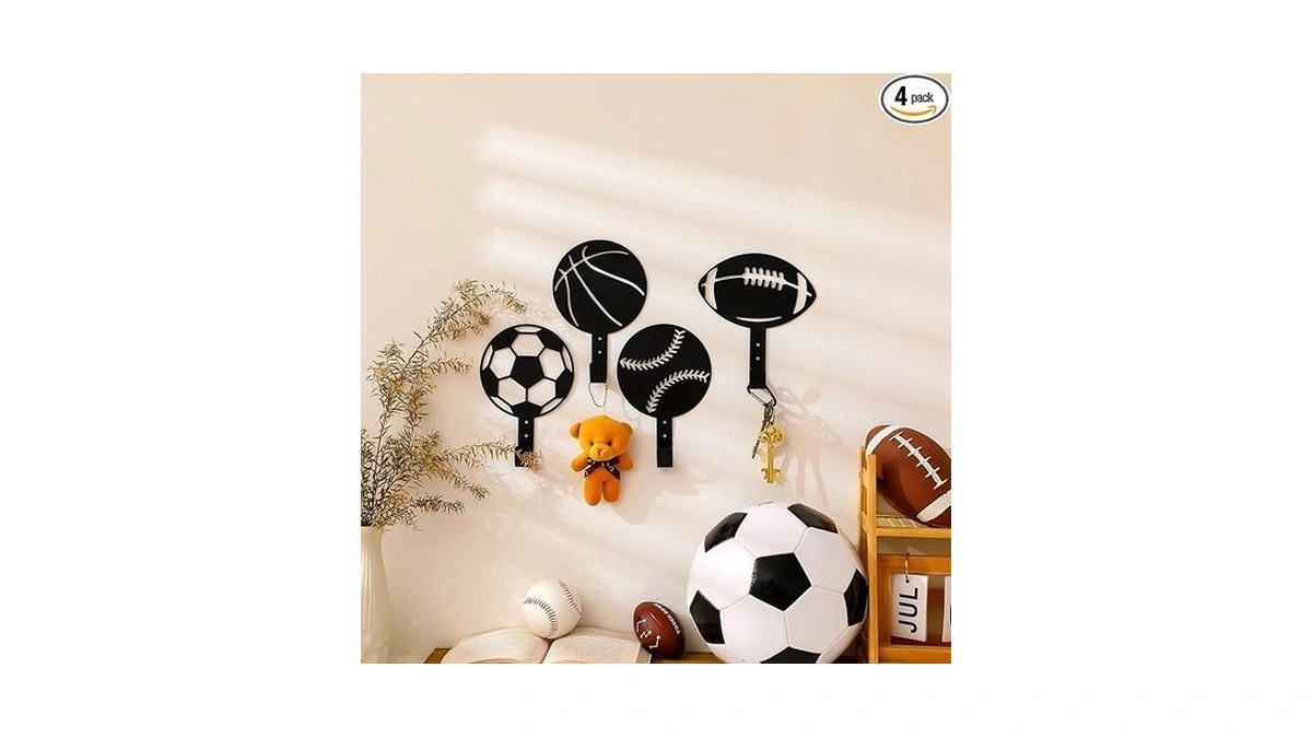 Honeydak 4 Pcs Sports Basketball Football Rugby Baseball Coat Hooks