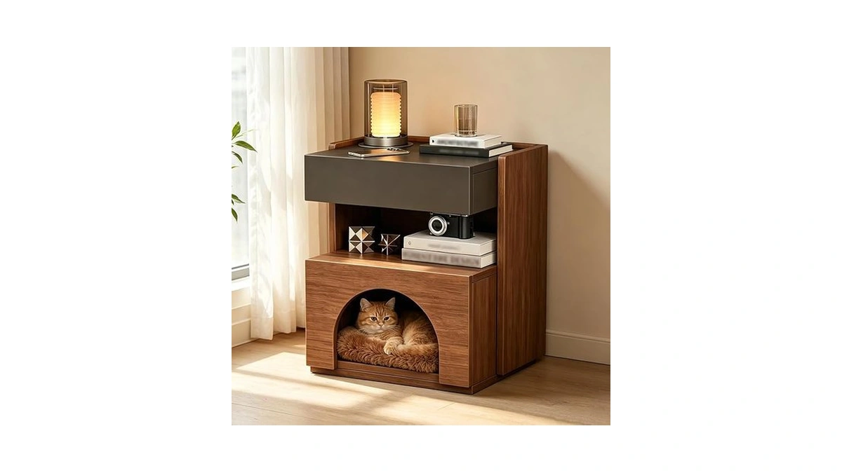 Solid Wood Cat House Side Table, 2-in-1 Pet Condo End