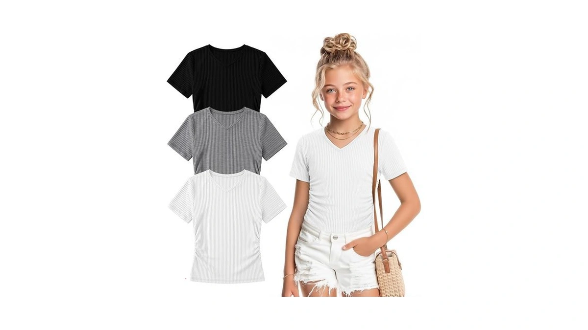 Mumucove 3 Pack Girls Short Sleeve Shirts V Neck Ribbed