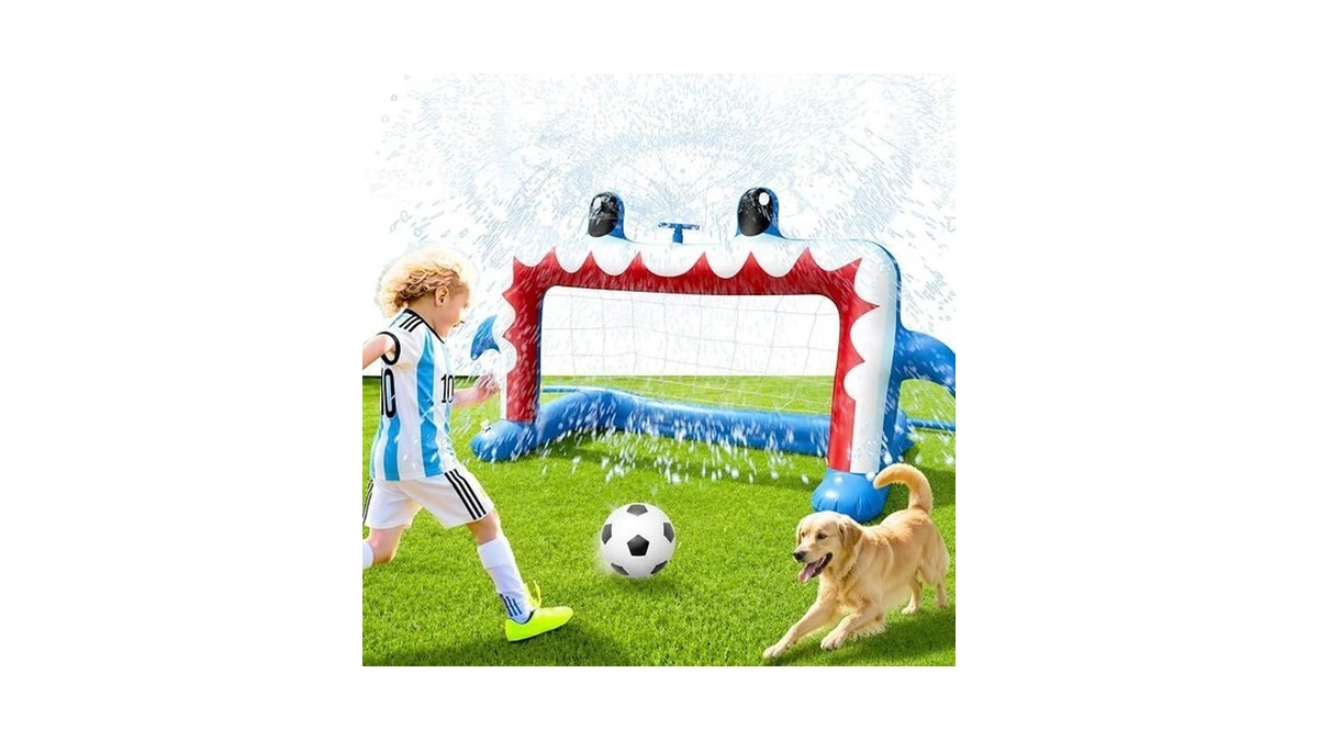 Intoypad Water Sprinkler Soccer Toys, Inflatable Shark Soccer Goal With