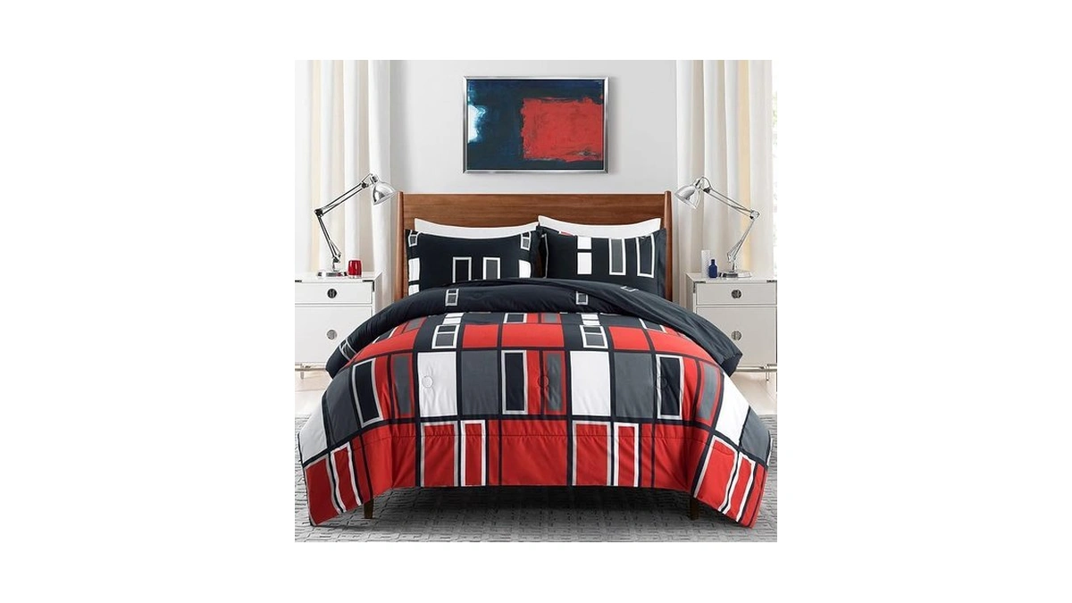 Artall Microfiber 2 Pieces Comforter Set Black Gray Red Plaid