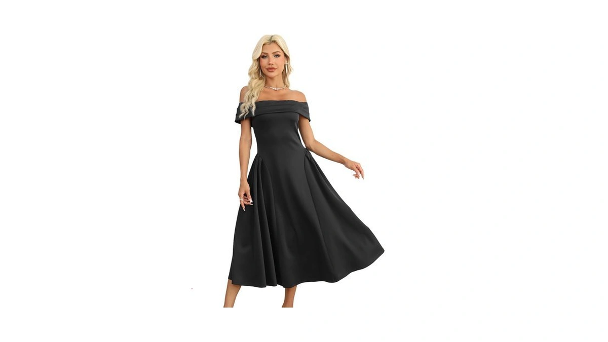 Wellwits Women's Off Shoulder Pleated Vintage Midi Cocktail Formal Dress