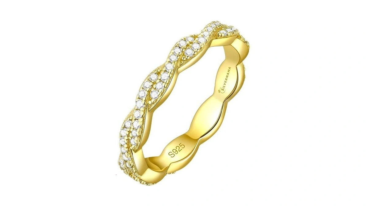 Silvernana Moissanite Wave Twisted Wedding Band For Women, Yellow Gold