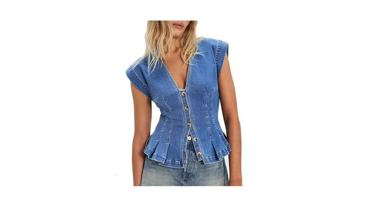 Nitzana Women's Denim Vest Cap Sleeve Deep V Neck Button