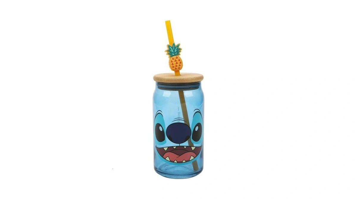 Disney Stitch Big Face 15 Oz Blue Glass Bottle With