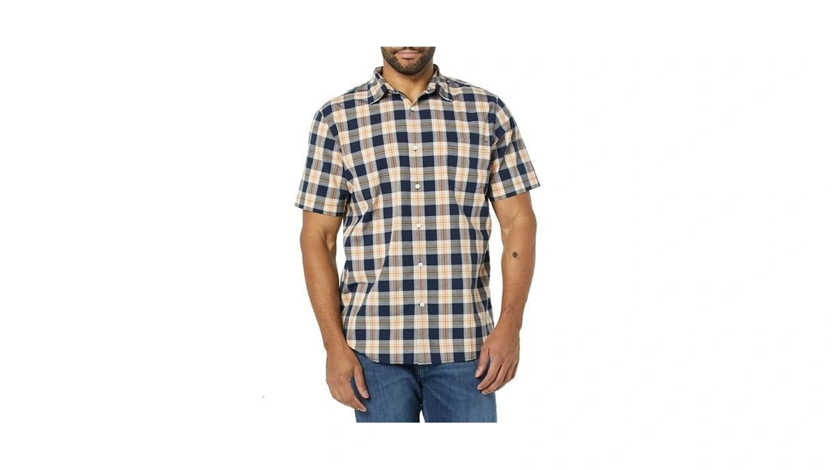 Amazon Essentials Men's Slim-fit Short-sleeve Poplin Shirt, Navy Gold Plaid,