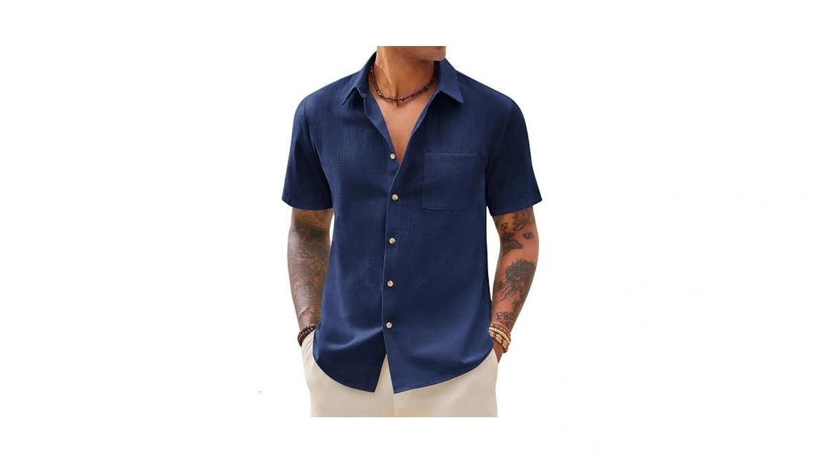 Yousify Men's Button Down Shirts Short Sleeve Casual Cotton Textured