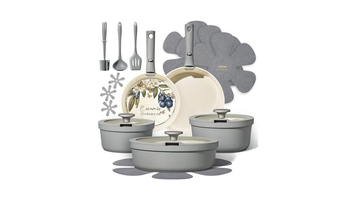 Carote 20pcs Ceramic Cookware Set With Detachable Handles, Pots And