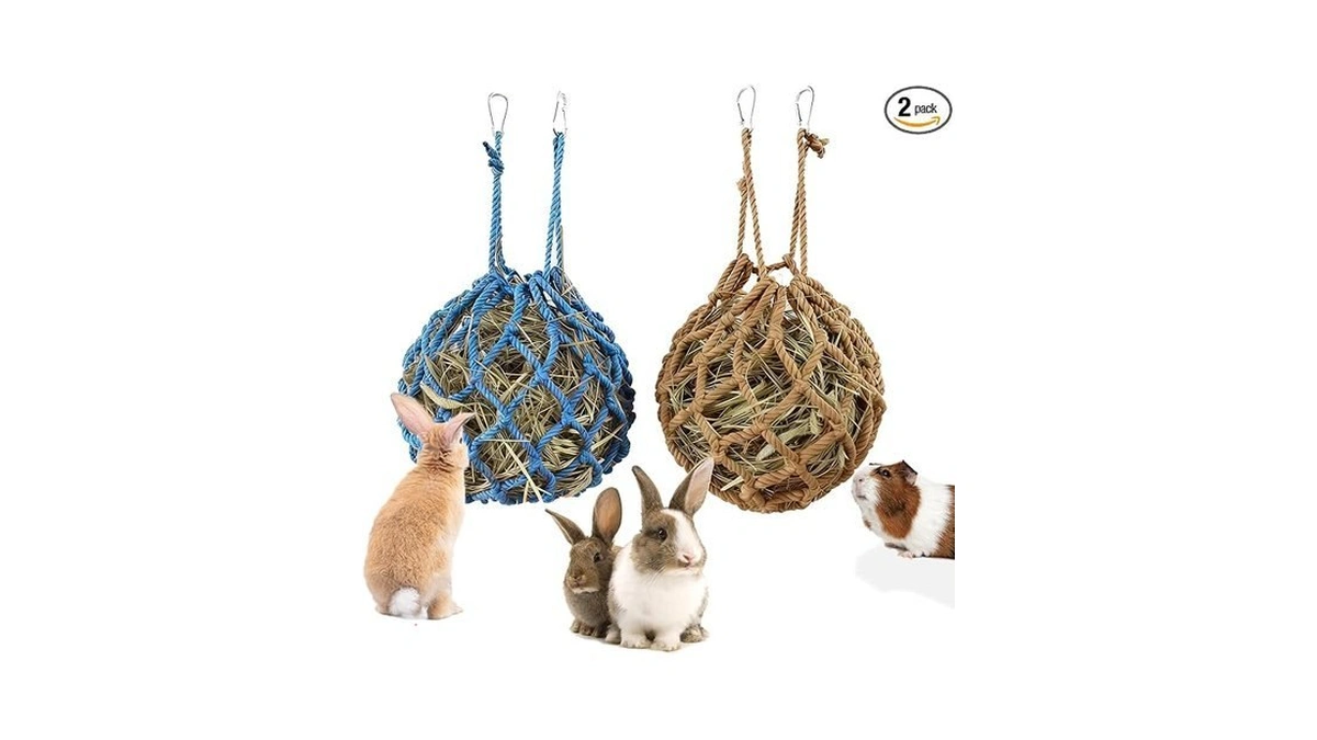 2 Pcs Rabbit Hay Feeder Mesh Bags, 2 Metal Hooks
