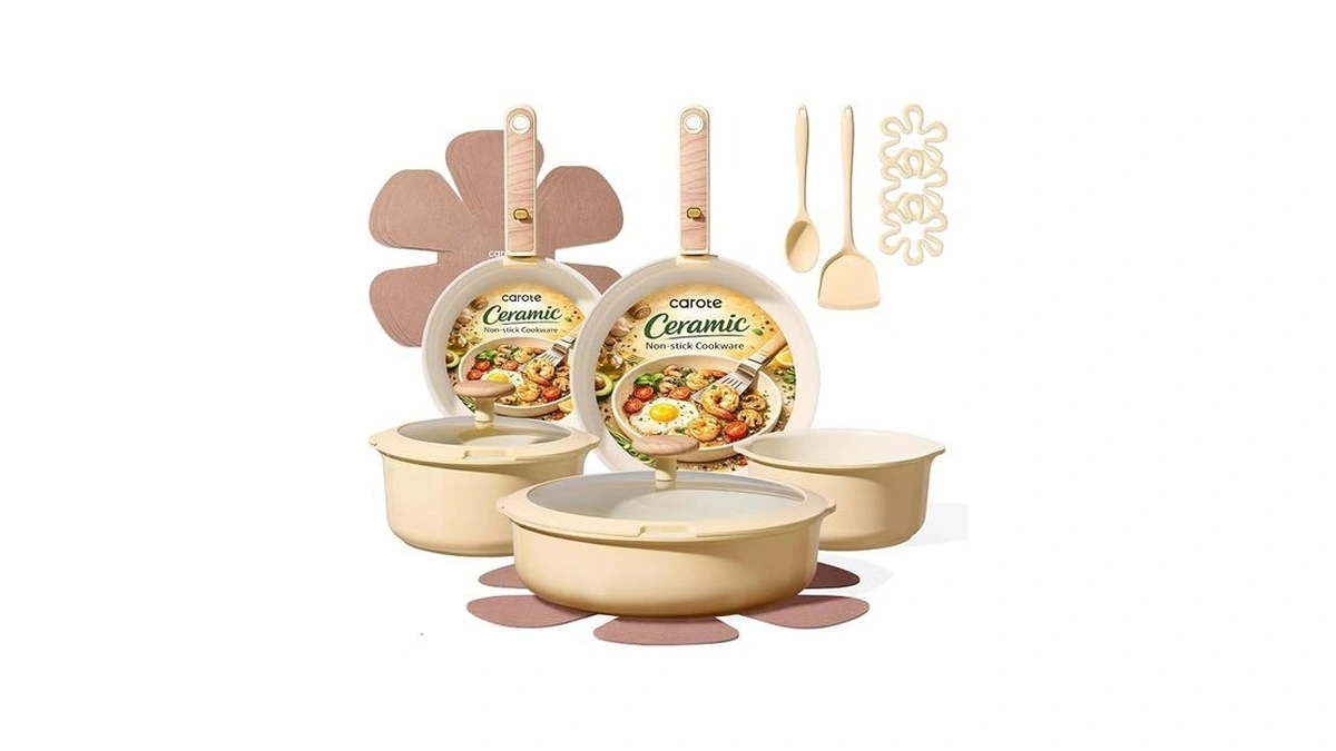 Carote 18 Pcs Ceramic Cookware Set Detachable Handle, Non Toxic