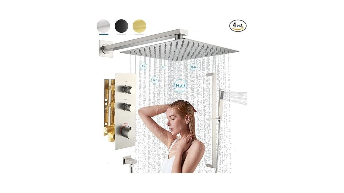 Qisheng Thermostatic Shower System, 10" Square Rainfall Shower Head With