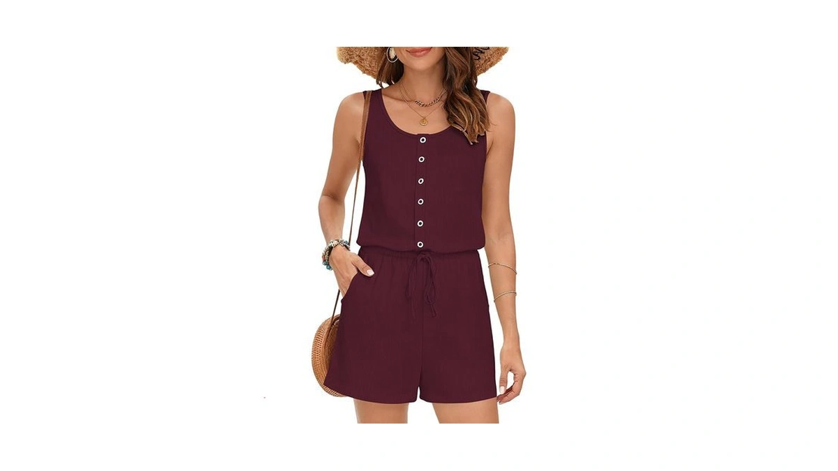 Misfay Women Sleeveless Romper Button Scoop Neck Jumpsuit Pocket Bg