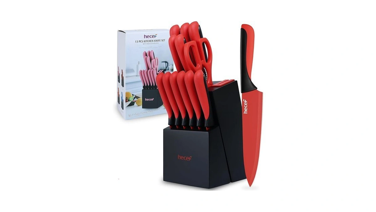 Hecef 14 Pieces Kitchen Knife Set With Built-in Sharpening Wooden