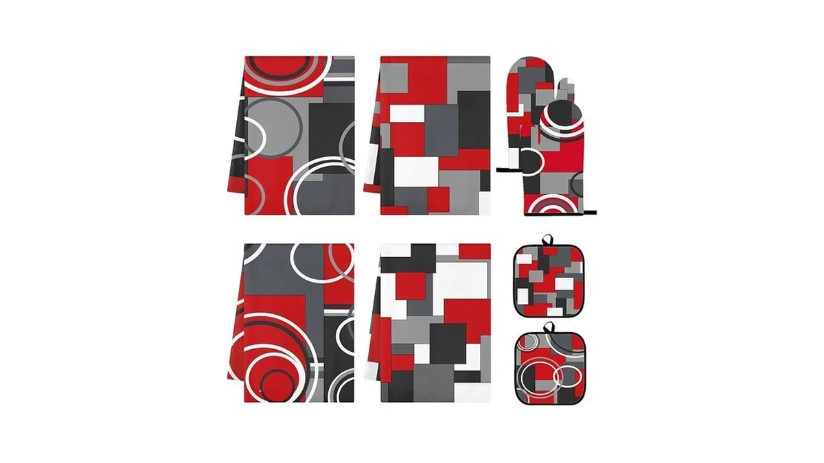 8 Pcs Red Black Geometric Kitchen Towels Sets With Oven