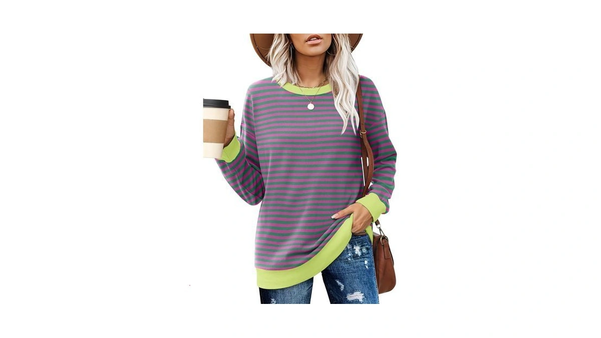 Besshopie Women Striped Color Block Long Sleeve Crew Neck Sweatshirt