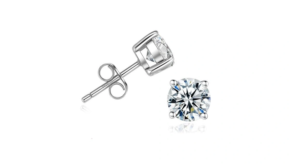 Handi Queen Moissanite Sterling Silver Stud Earrings, 18k White Gold