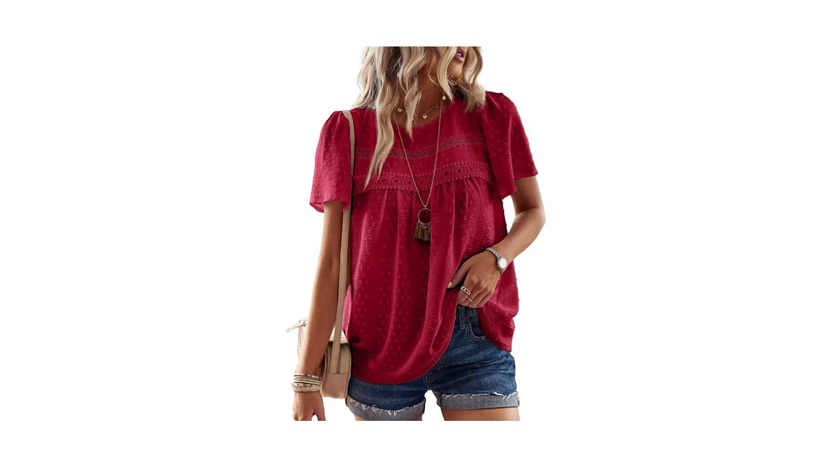Falechay Red Summer Tops For Women Swiss Dots Short Sleeve