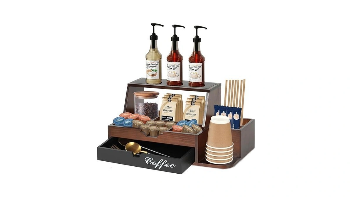 Ahuonel Farmhouse Coffee Bar Organizer, Wood Countertop With Drawer, Coffee