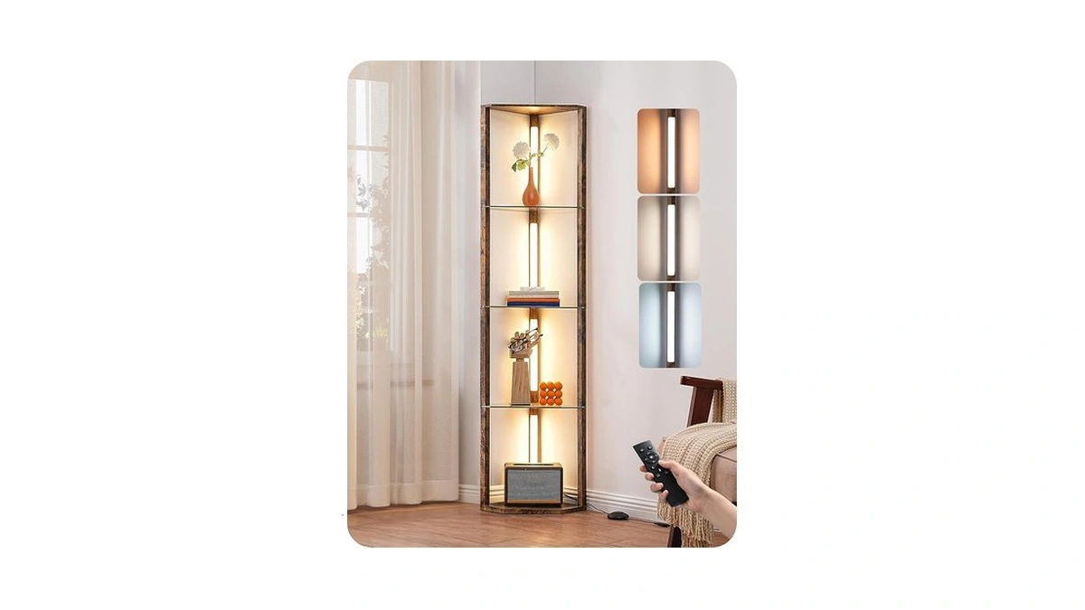 Edishine Corner Shelf With Light, 5-tier Glass Display Shelf With