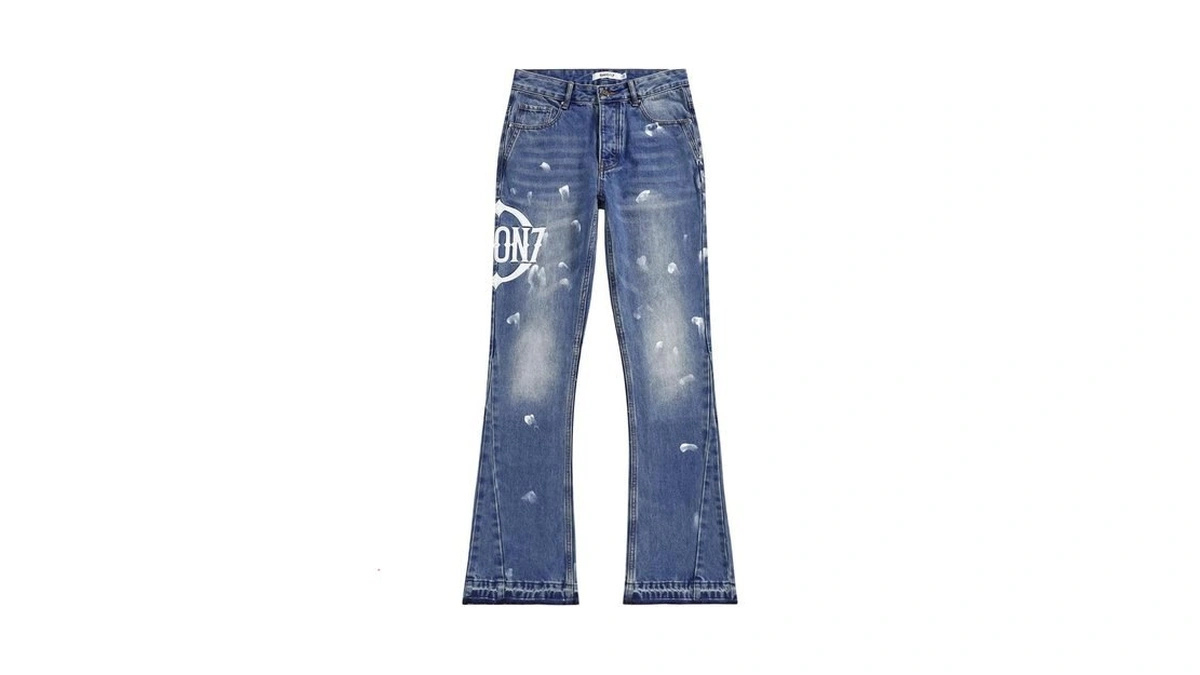 Shion7 Men's Premium Jeans Indigo Blue Relaxed Fit Flared Stacked
