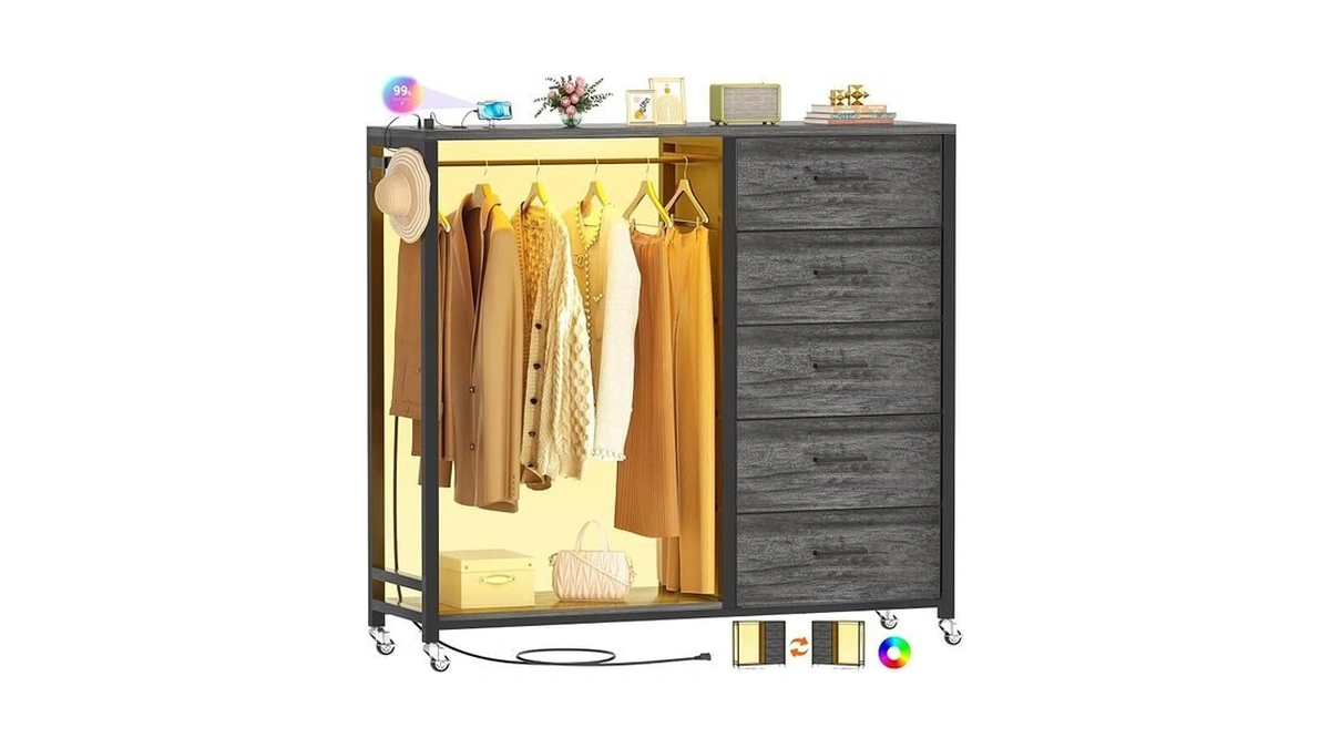 Cyclysio Dresser With Hanging Rack, 5 Fabric Drawers Dresser With