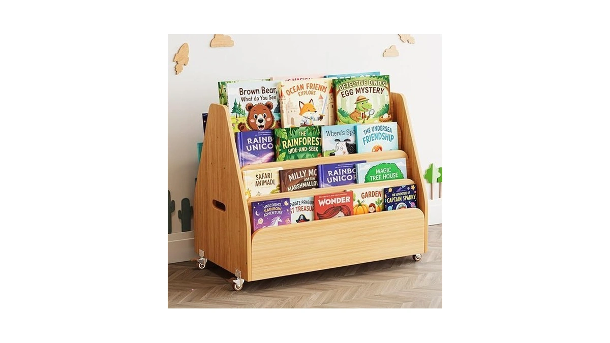 Spaceaid Double-sided Mobile Bookshelf, Montessori Bookcase For Toddlers, Wooden Book