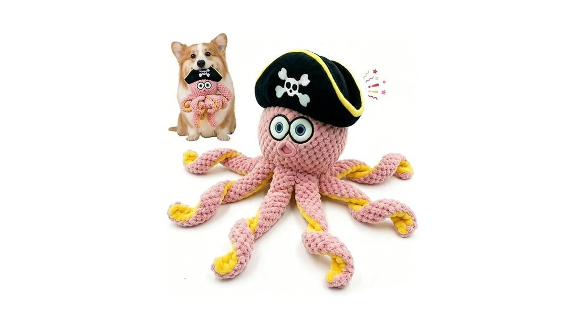 Squeaky Plush Dog Toy, Tough Durable Pirate Octopus Dog Chew