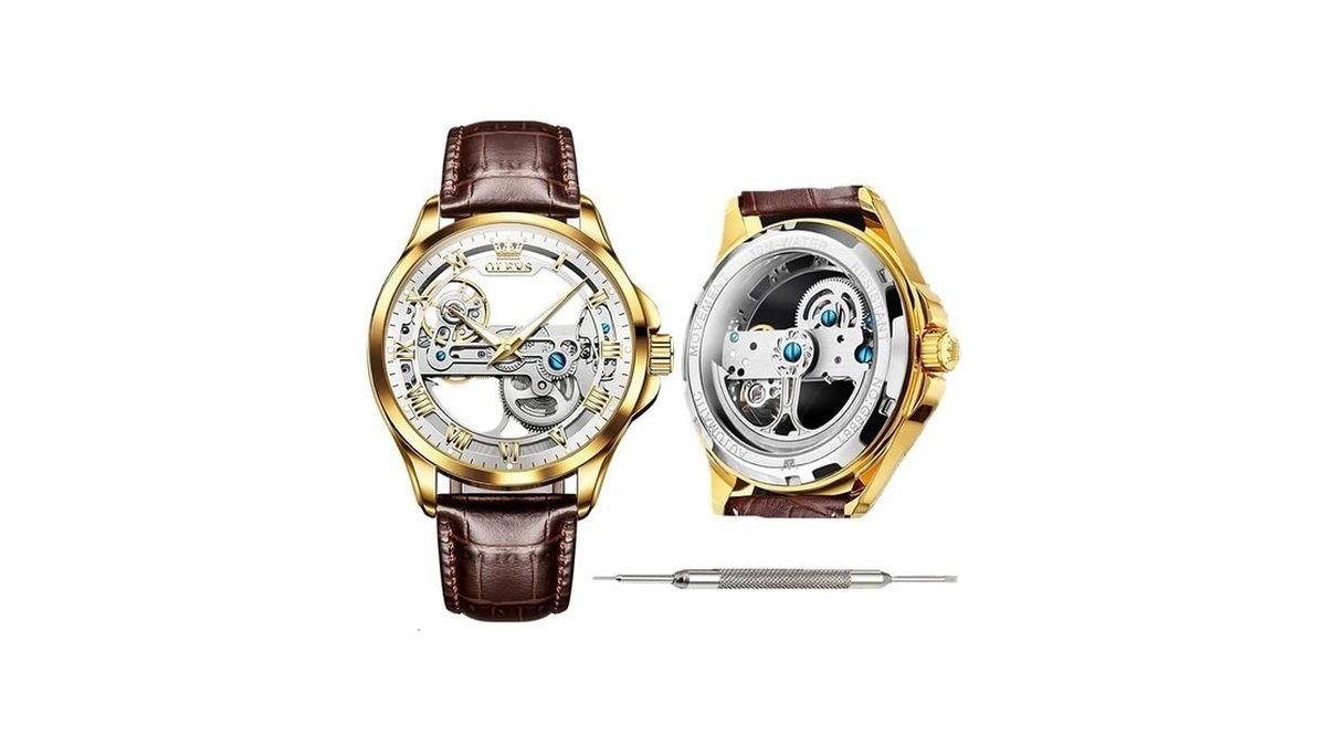 Olevs Automatic Hollow Mechanical Watches For Men Waterproof Leather Band