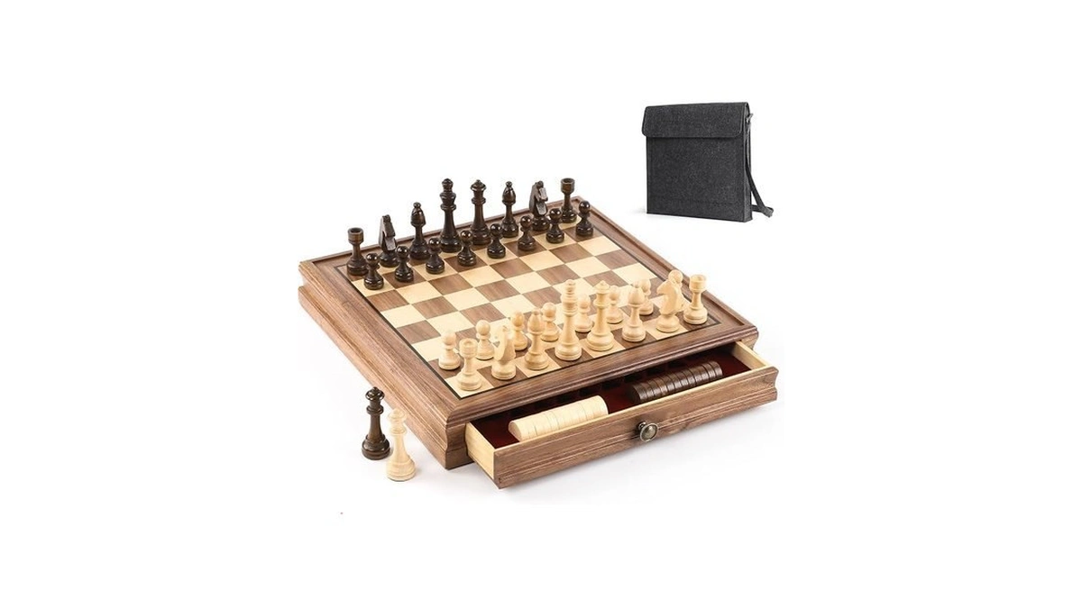 12.6 Inch Black Walnut Magnetic Chess Set With Drawer, 2-in-1