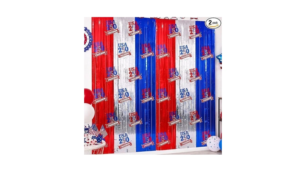 2 Pack 250 Years Of Freedom Foil Fringe Curtains 3.3x6.6ft