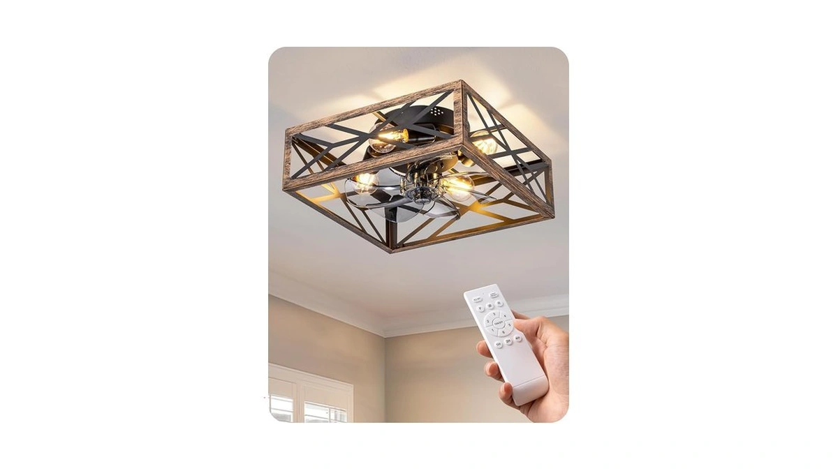 Edishine Caged Ceiling Fans With Lights Flush Mount, Rustic Square