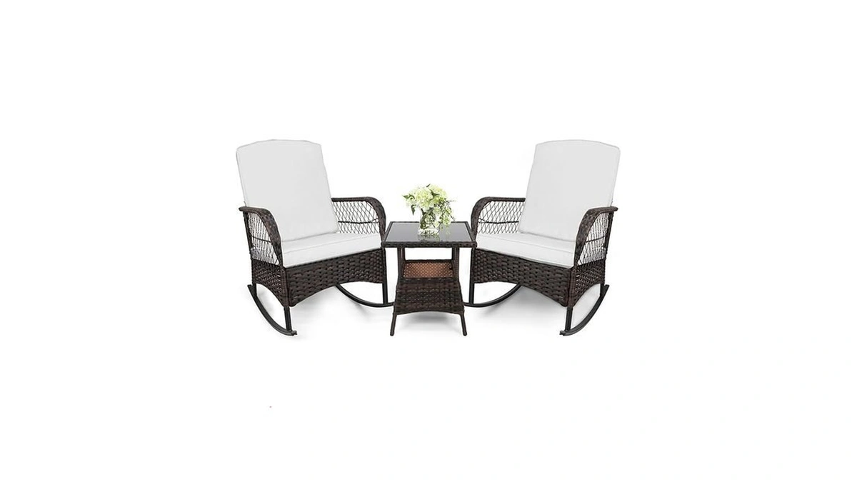 Leveleve 3pcs Modern Pe Wicker Outdoor Rocking Chairs & Glass