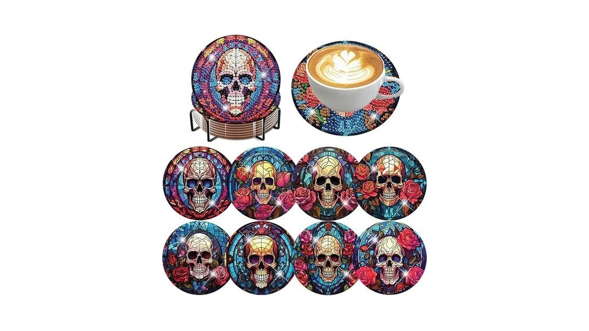 Zythron 8 Pcs Skull Diamond Art Coasters Kits With Holder