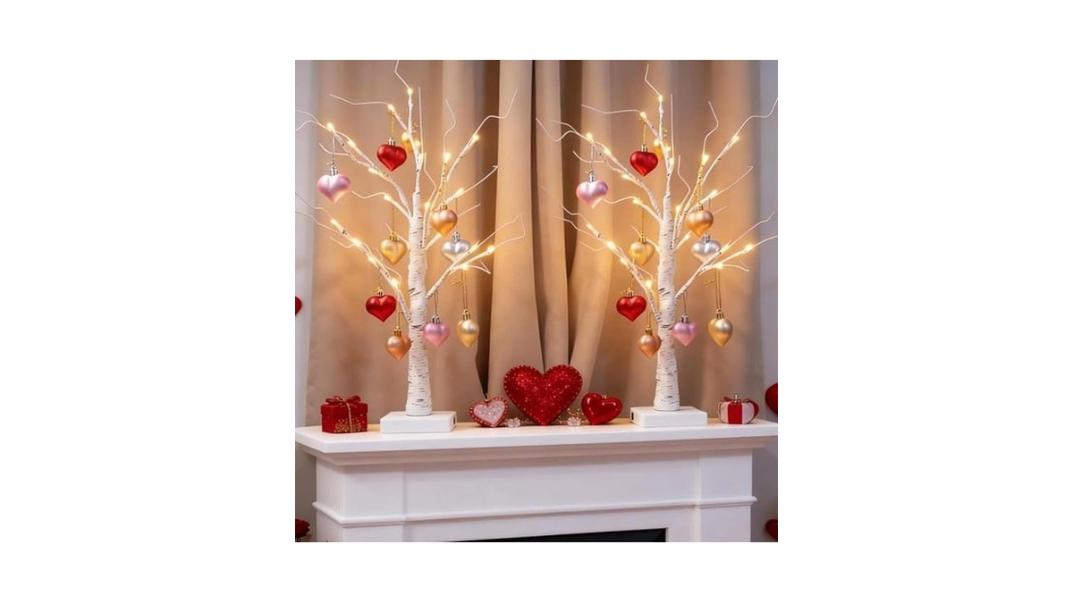 2pack Valentines Day Decor Lighted Birch Tree With Heart-shaped Ornaments,usb&battery