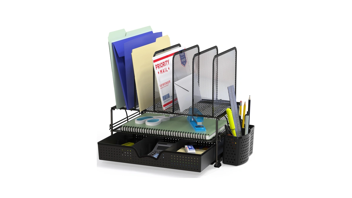 Simple Houseware Mesh Desk Organizer With Sliding Drawer, Double Tray